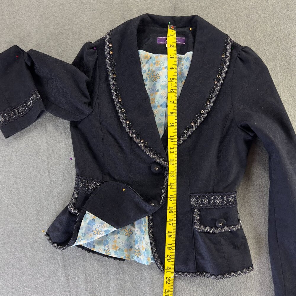 Vintage Y2K Blue Lace Sequence Trim Blazer Sz XS Victorian Cropped Whimsical - Picture 4 of 11